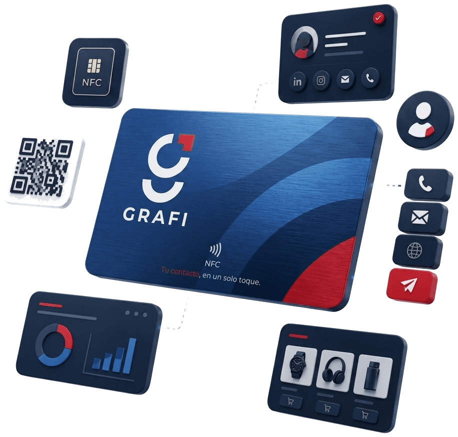 Tarjeta NFC Grafi con código QR, perfil digital y panel de analíticas
